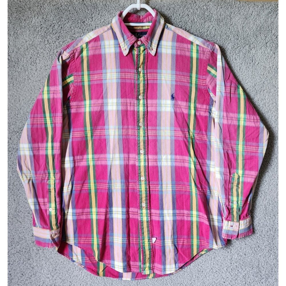 Ralph Lauren Pink Plaid Long Sleeve Button Down Shirt Size Medium 100% Cotton